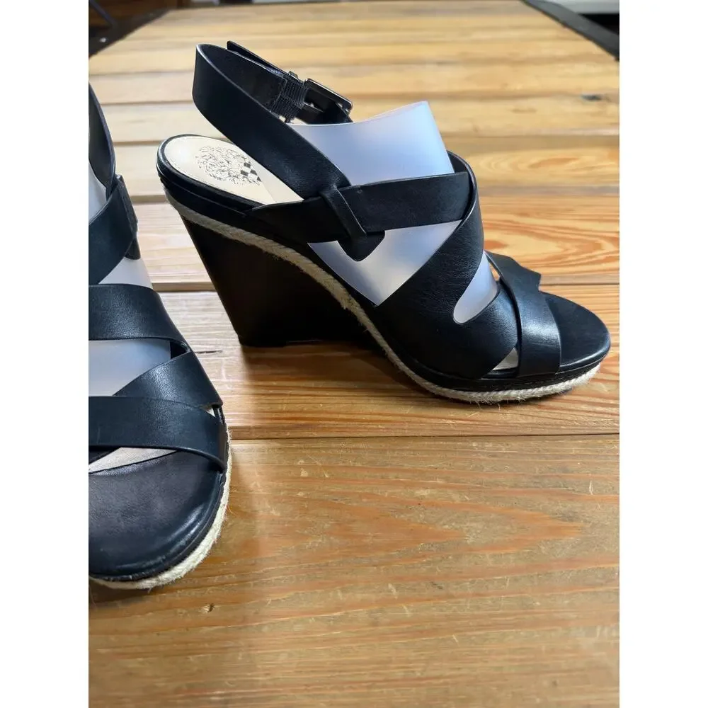 Vince Camuto Black Leather Espadrille Wedge Sandals Ankle Strap Women’s 7.5